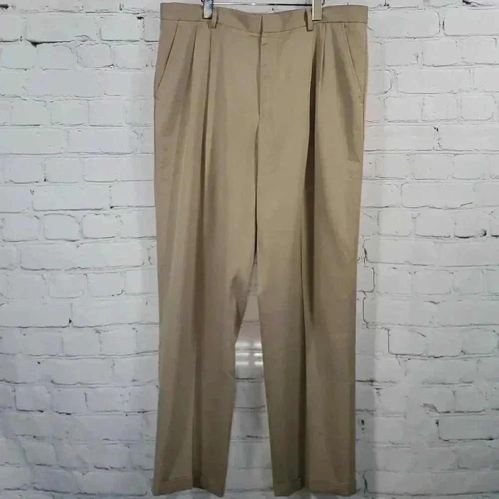 Greg Norman Mens 38/34 Khaki Golf Rip Stop Double Pleated Cuffs Metal Clasp